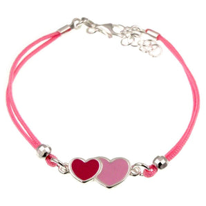 Bracciale cuore doppio in cotone rosa e argento