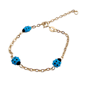 Bracciale bambina bambino con Coccinella Azzurra in oro giallo 14 kt regalo Battesimo, Nascita