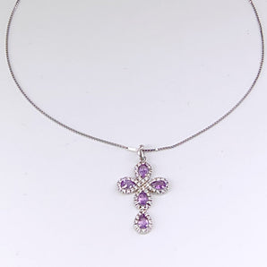 Collana con Croce Pendente in Argento 925 e Pietre Preziose di Ametista