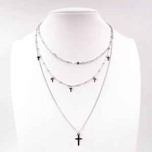 Collana Multifilo da donna in Argento 925 con Croce pendente girocollo 3 strati