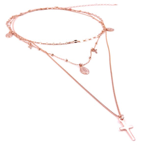 Collana Multifilo da donna in Argento 925 rosa con Croce pendente girocollo 3 strati