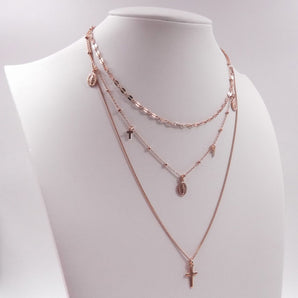 Collana Multifilo da donna in Argento 925 rosa con Croce pendente girocollo 3 strati