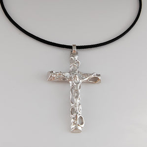 Collana Croce Uomo in argento 925 Girocollo Crocifisso Pendente Cordino Cotone Nero Regalo Gioielli Religioso