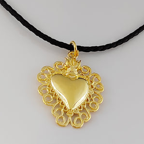 Collana Uomo Donna in Argento 925 con Ciondolo Sacro Cuore Dorato – Cordino in Pelle Marrone