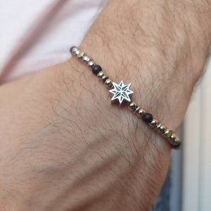 Bracciale in Acciaio Inox e Perline di Pietra Nera