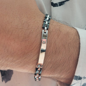 Bracciale Targa con Zircone in Acciaio e Ceramica Nera