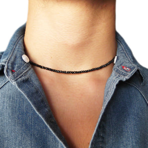 Collana uomo donna girocollo in argento 925 con palline spinello nero
